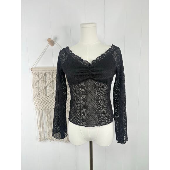 Good Luck Gem Black Sheer Lace Long Sleeve Blouse Womens Large Witchy Gothic - Picture 2 of 9